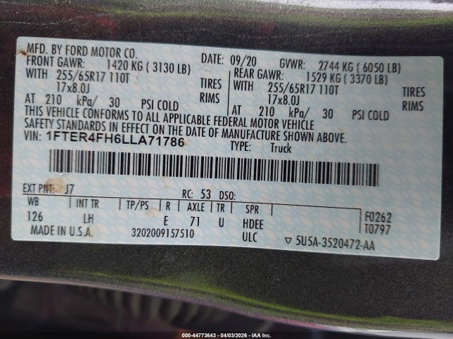 Продажа на аукционе авто 2020 Ford Ranger Xl, vin: 1FTER4FH6LLA71786, номер лота: 44773643