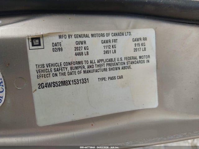 1999 Buick Century Custom მანქანა იყიდება აუქციონზე, vin: 2G4WS52M8X1531331, აუქციონის ნომერი: 44773644