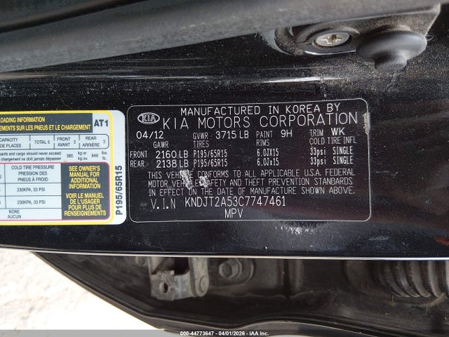 Aukcja sprzedaży 2012 Kia Soul, vin: KNDJT2A53C7747461, numer aukcji: 44773647