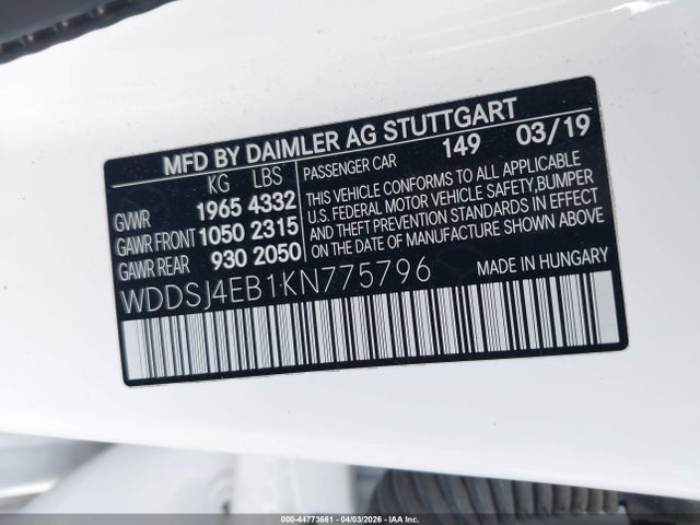 Aukcja sprzedaży 2019 Mercedes-benz Cla 250, vin: WDDSJ4EB1KN775796, numer aukcji: 44773661