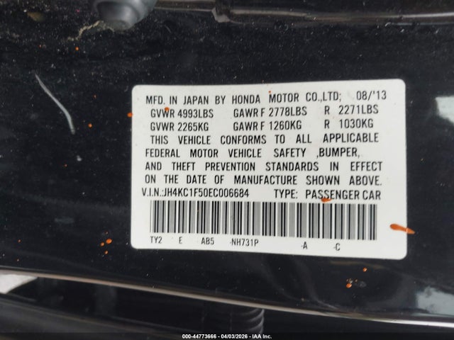 2014 Acura Rlx მანქანა იყიდება აუქციონზე, vin: JH4KC1F50EC006684, აუქციონის ნომერი: 44773666