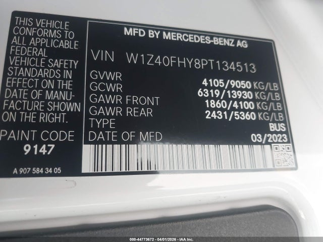 Auction sale of the 2023 Mercedes-benz Sprinter 2500 Standard Roof 4-cyl Gas, vin: W1Z40FHY8PT134513, lot number: 44773672