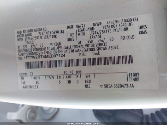 44773680 :رقم المزاد ، 1FT7W2BT4MED97124 vin ، 2021 Ford F-250 Xl مزاد بيع