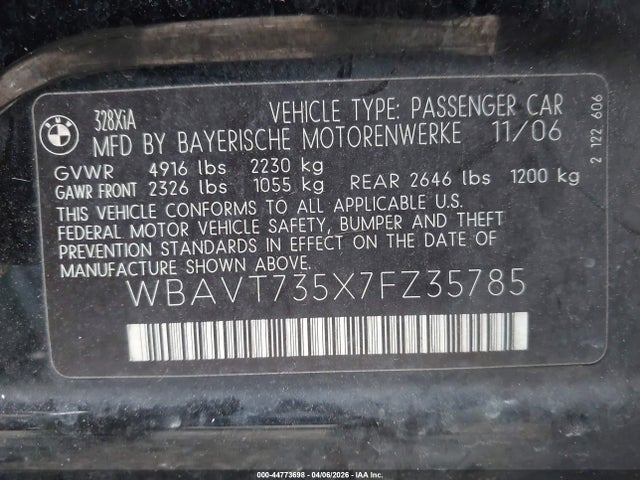 44773698 :رقم المزاد ، WBAVT735X7FZ35785 vin ، 2007 Bmw 328xi مزاد بيع