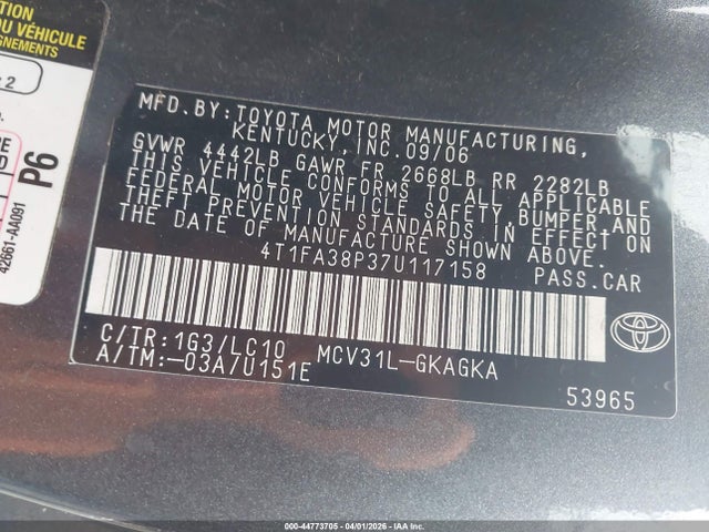 2007 Toyota Camry Solara Sle მანქანა იყიდება აუქციონზე, vin: 4T1FA38P37U117158, აუქციონის ნომერი: 44773705