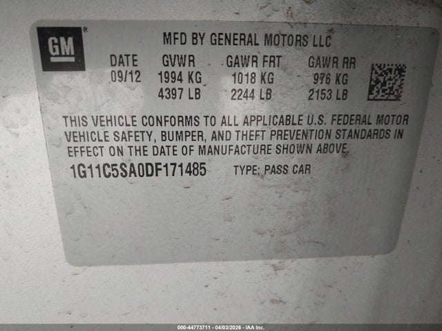 2013 Chevrolet Malibu 1lt მანქანა იყიდება აუქციონზე, vin: 1G11C5SA0DF171485, აუქციონის ნომერი: 44773711