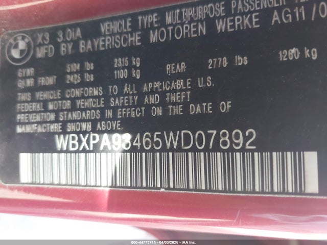 Aukcja sprzedaży 2005 Bmw X3 3.0i, vin: WBXPA93465WD07892, numer aukcji: 44773715