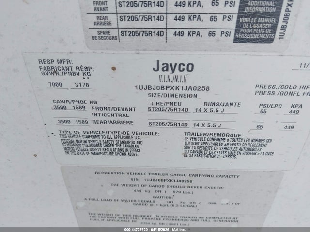 2019 Jayco Jayfeather 27rl მანქანა იყიდება აუქციონზე, vin: 1UJBJ0BPXK1JA0258, აუქციონის ნომერი: 44773720