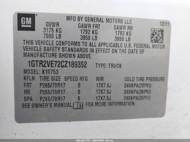 44773727 :رقم المزاد ، 1GTR2VE72CZ189352 vin ، 2012 Gmc Sierra 1500 Sle مزاد بيع