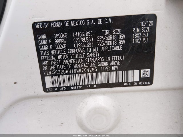 2021 Honda Hr-v Awd Sport მანქანა იყიდება აუქციონზე, vin: 3CZRU6H18MM704293, აუქციონის ნომერი: 44773736
