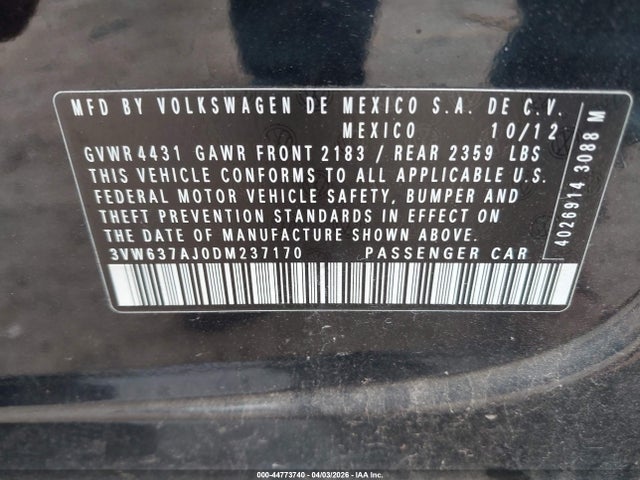 Продаж на аукціоні авто 2013 Volkswagen Jetta Hybrid Se, vin: 3VW637AJ0DM237170, номер лоту: 44773740