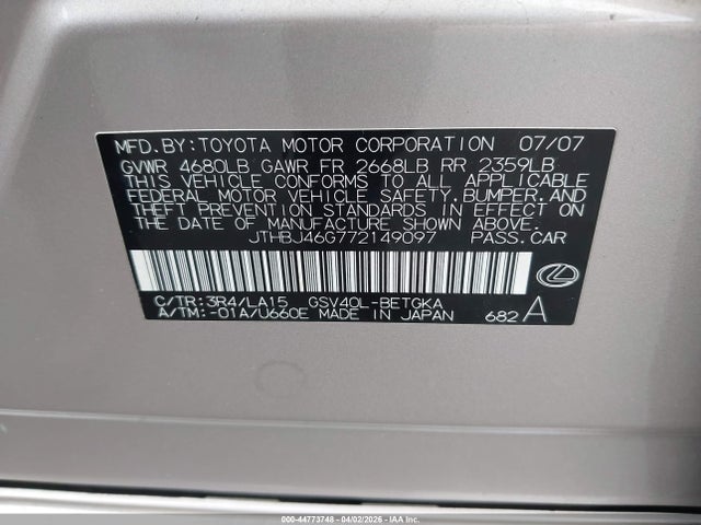 44773748 :رقم المزاد ، JTHBJ46G772149097 vin ، 2007 Lexus Es 350 مزاد بيع