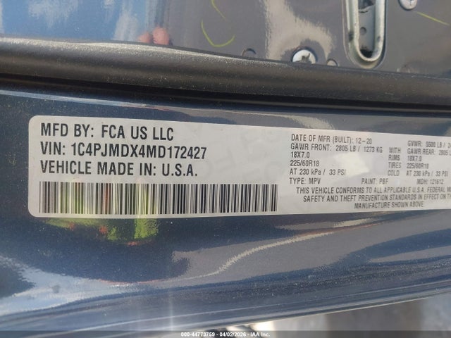 2021 Jeep Cherokee Limited 4x4 მანქანა იყიდება აუქციონზე, vin: 1C4PJMDX4MD172427, აუქციონის ნომერი: 44773759