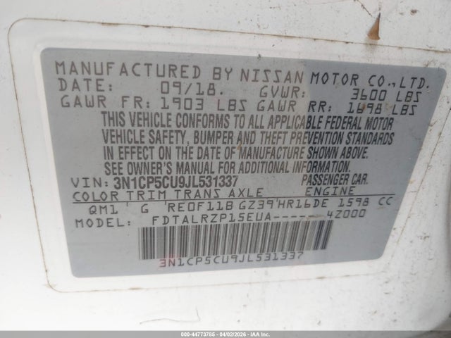 Продажа на аукционе авто 2018 Nissan Kicks S, vin: 3N1CP5CU9JL531337, номер лота: 44773785