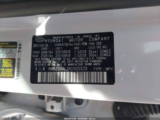 Aukcja sprzedaży 2019 Hyundai Tucson Sel, vin: KM8J33AL3KU920329, numer aukcji: 44773788