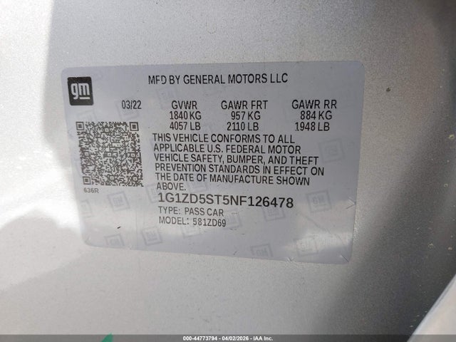 Aukcja sprzedaży 2022 Chevrolet Malibu Fwd Lt, vin: 1G1ZD5ST5NF126478, numer aukcji: 44773794
