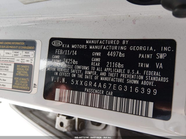 2014 Kia Optima Sxl Turbo მანქანა იყიდება აუქციონზე, vin: 5XXGR4A67EG316399, აუქციონის ნომერი: 44773798