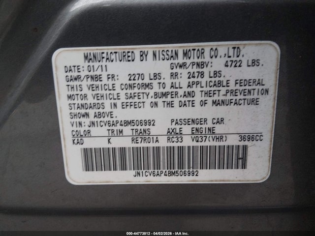 Продаж на аукціоні авто 2011 Infiniti G37 Journey, vin: JN1CV6AP4BM506992, номер лоту: 44773812