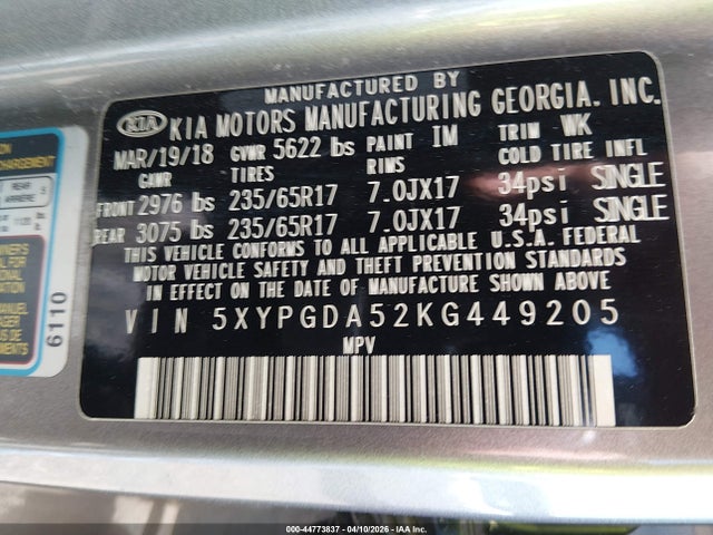 2019 Kia Sorento 3.3l Lx მანქანა იყიდება აუქციონზე, vin: 5XYPGDA52KG449205, აუქციონის ნომერი: 44773837