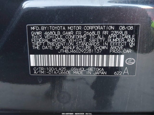 Продажа на аукционе авто 2009 Lexus Es 350, vin: JTHBJ46G292281137, номер лота: 44773841