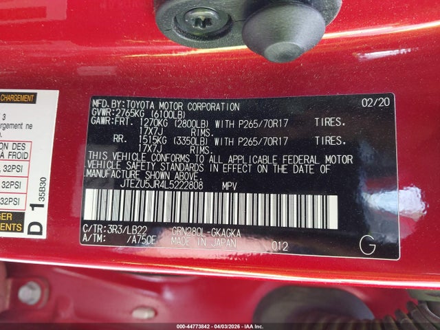 Продаж на аукціоні авто 2020 Toyota 4runner Sr5 Premium, vin: JTEZU5JR4L5222808, номер лоту: 44773842