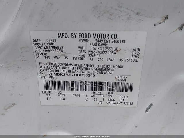 Продажа на аукционе авто 2013 Ford Edge Sport, vin: 2FMDK3AK7DBC58240, номер лота: 44773869