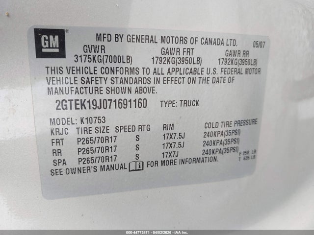 Aukcja sprzedaży 2007 Gmc Sierra 1500 Sle1, vin: 2GTEK19J071691160, numer aukcji: 44773871