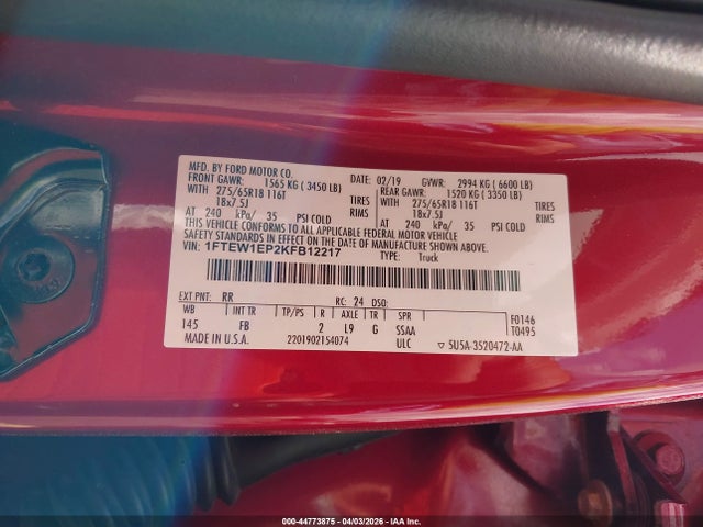 Aukcja sprzedaży 2019 Ford F-150 Xlt, vin: 1FTEW1EP2KFB12217, numer aukcji: 44773875
