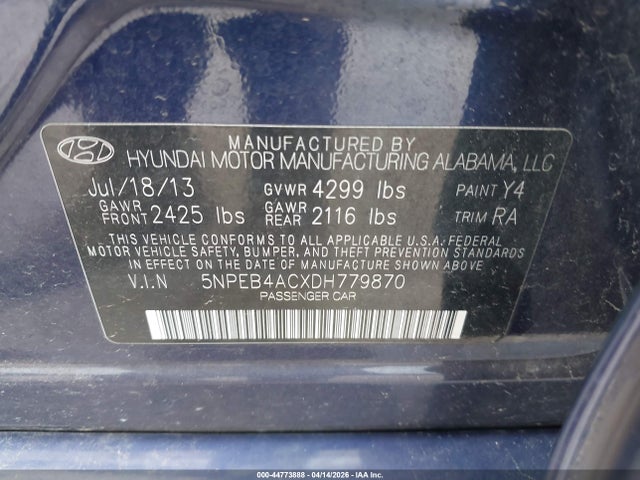 Aukcja sprzedaży 2013 Hyundai Sonata Gls, vin: 5NPEB4ACXDH779870, numer aukcji: 44773888