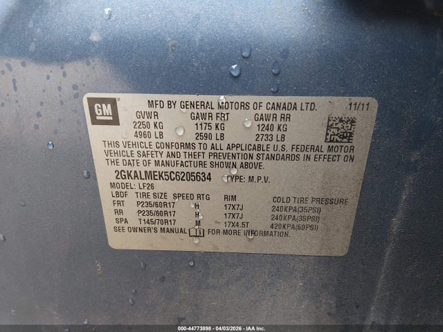 Aukcja sprzedaży 2012 Gmc Terrain Sle-1, vin: 2GKALMEK5C6205634, numer aukcji: 44773898