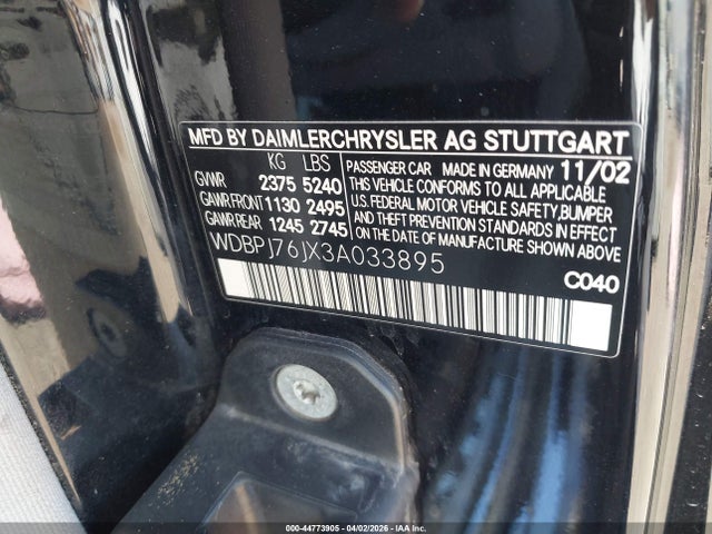 Aukcja sprzedaży 2003 Mercedes-benz Cl 600, vin: WDBPJ76JX3A033895, numer aukcji: 44773905
