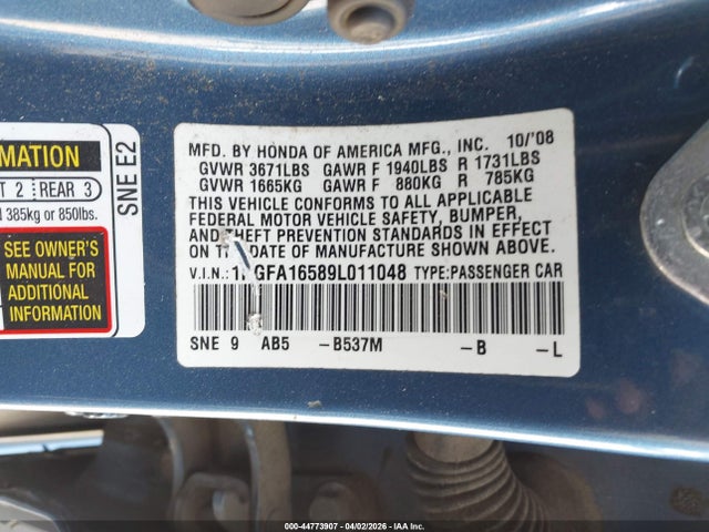 2009 Honda Civic Lx მანქანა იყიდება აუქციონზე, vin: 1HGFA16589L011048, აუქციონის ნომერი: 44773907