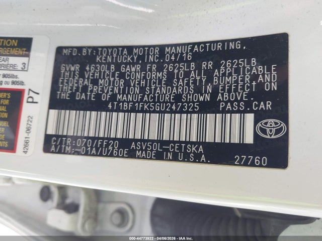 2016 Toyota Camry Se მანქანა იყიდება აუქციონზე, vin: 4T1BF1FK5GU247325, აუქციონის ნომერი: 44773922