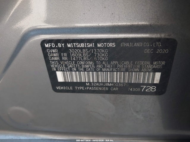 Aukcja sprzedaży 2021 Mitsubishi Mirage Carbonite Edition/es/le, vin: ML32AUHJ8MH003670, numer aukcji: 44773930