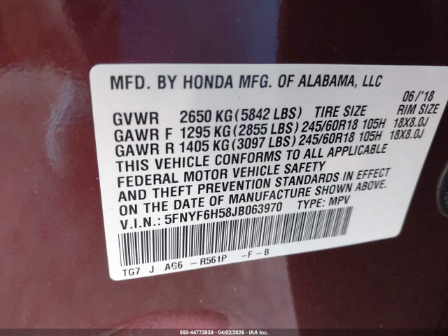 Продажа на аукционе авто 2018 Honda Pilot Ex-l, vin: 5FNYF6H58JB063970, номер лота: 44773939