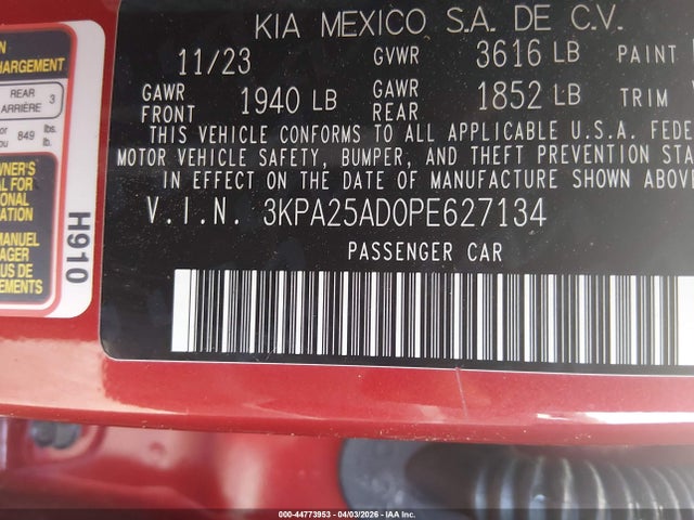 Aukcja sprzedaży 2023 Kia Rio 5-door S, vin: 3KPA25AD0PE627134, numer aukcji: 44773953