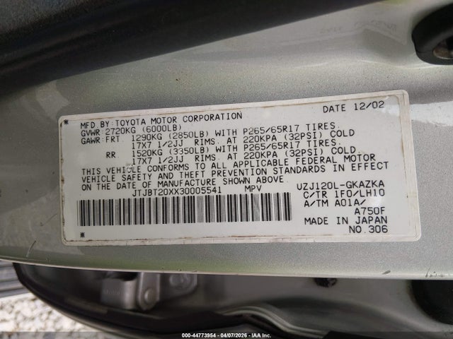 2003 Lexus Gx 470 მანქანა იყიდება აუქციონზე, vin: JTJBT20XX30005541, აუქციონის ნომერი: 44773954