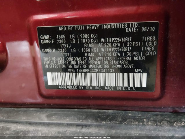 Aukcja sprzedaży 2011 Subaru Outback 2.5i Premium, vin: 4S4BRBCCXB3342133, numer aukcji: 44773959