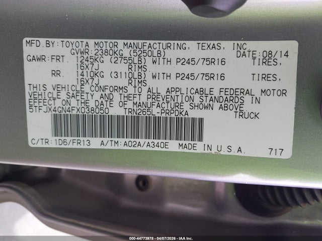 2015 Toyota Tacoma Prerunner მანქანა იყიდება აუქციონზე, vin: 5TFJX4GN4FX038050, აუქციონის ნომერი: 44773978