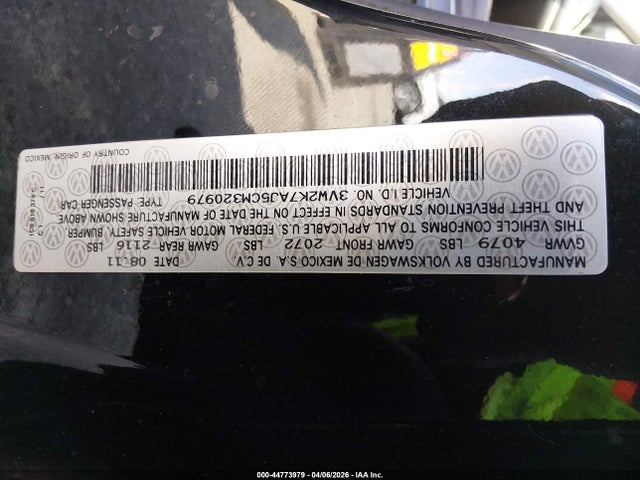 Auction sale of the 2012 Volkswagen Jetta 2.0l S, vin: 3VW2K7AJ5CM320979, lot number: 44773979