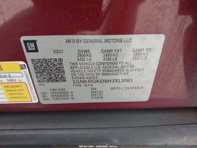 44773981 :رقم المزاد ، 1GNKRGKD5HJ313081 vin ، 2017 Chevrolet Traverse 1lt مزاد بيع