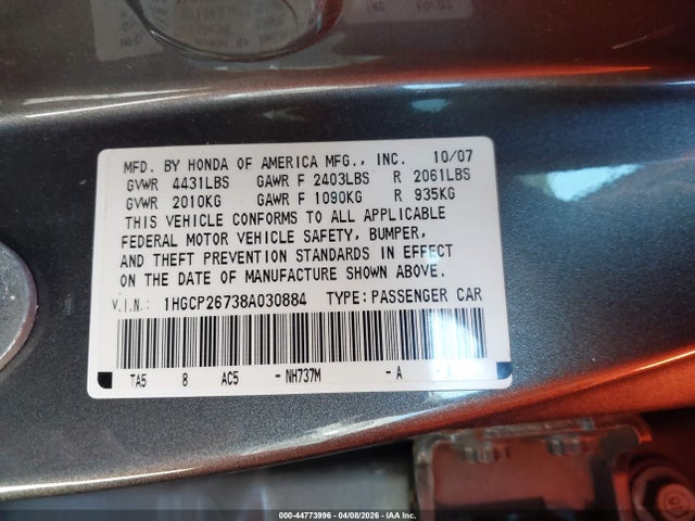44773996 :رقم المزاد ، 1HGCP26738A030884 vin ، 2008 Honda Accord 2.4 Ex مزاد بيع