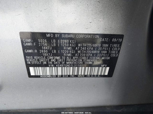 Продаж на аукціоні авто 2020 Subaru Outback Limited Xt, vin: 4S4BTGND7L3110577, номер лоту: 44774002