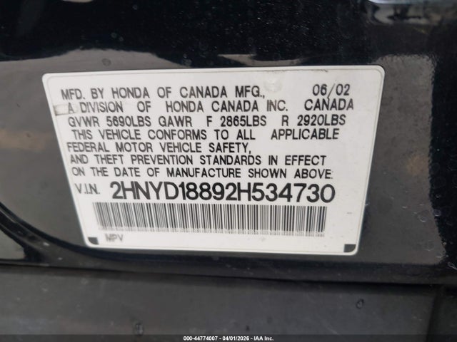 44774007 :رقم المزاد ، 2HNYD18892H534730 vin ، 2002 Acura Mdx مزاد بيع