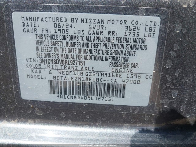 2024 Nissan Versa 1.6 S მანქანა იყიდება აუქციონზე, vin: 3N1CN8DV0RL927151, აუქციონის ნომერი: 44774012
