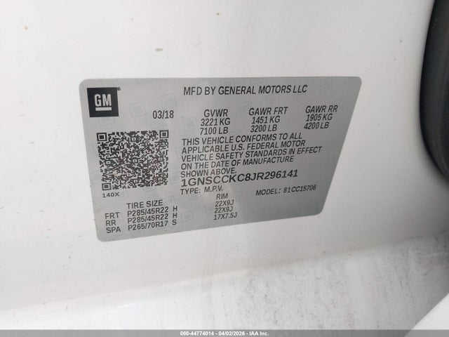Продажа на аукционе авто 2018 Chevrolet Tahoe Premier, vin: 1GNSCCKC8JR296141, номер лота: 44774014