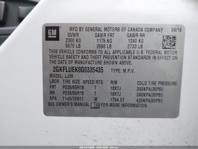 44774029 :رقم المزاد ، 2GKFLUEK8G6335435 vin ، 2016 Gmc Terrain Slt مزاد بيع