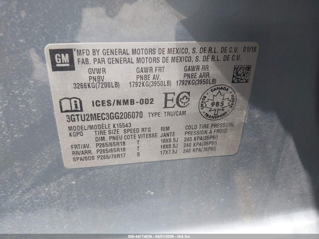 Продаж на аукціоні авто 2016 Gmc Sierra 1500 Sle, vin: 3GTU2MEC3GG206070, номер лоту: 44774036
