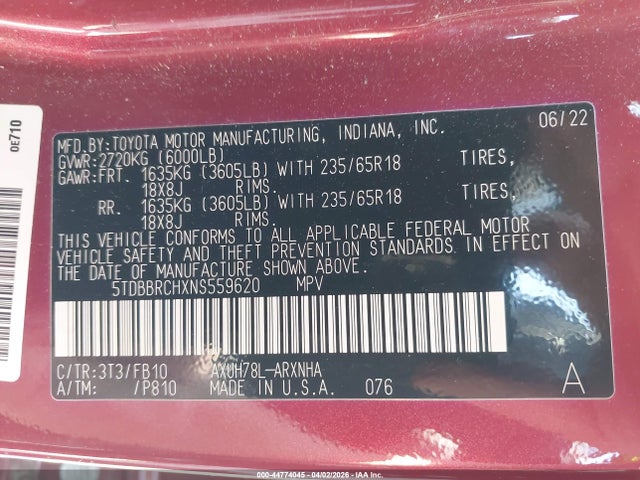 2022 TOYOTA HIGHLANDER 5TDBBRCHXNS559620 Photo 8