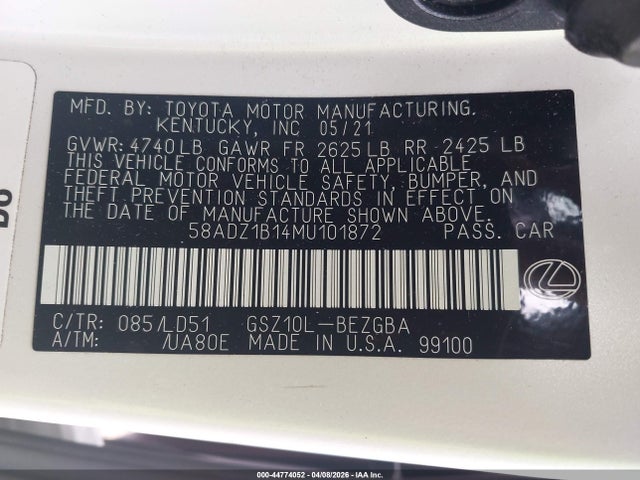 Aukcja sprzedaży 2021 Lexus Es 350, vin: 58ADZ1B14MU101872, numer aukcji: 44774052